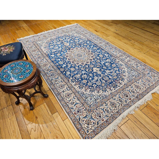 Navy Blue Vintage Persian Nain Area Rug, Hand-Knotted Wool & Silk, Floral Pattern, 6x9, Royal Blue & Ivory For Sale - Image 8 of 16