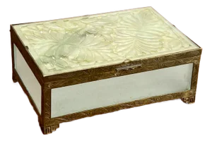 Early 20th Century Antique Chinese Brass Bound Jade and Frosted Glass Dresser Box