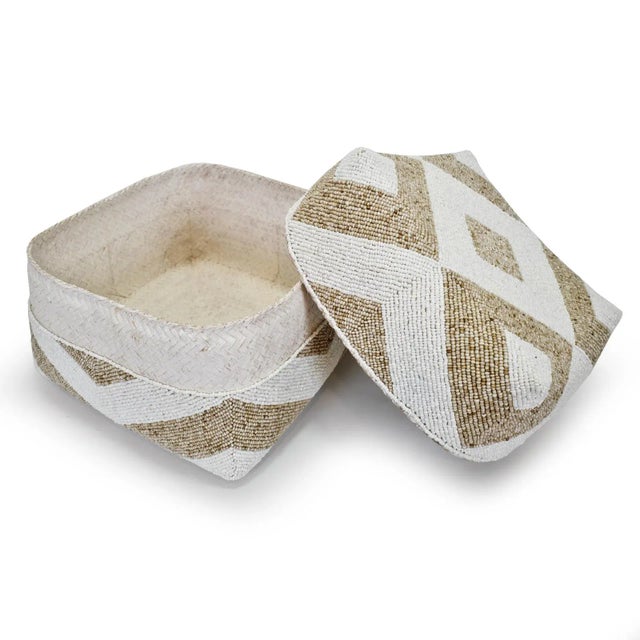 Modern Vintage Tan & White Bamboo Beaded Box X-Large For Sale - Image 3 of 6