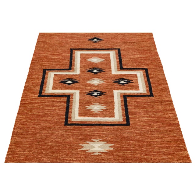 2010s Modern Navajo Style Hand-Knotted Wool Rug – Terracotta Geometrical Cross Design For Sale - Image 5 of 9