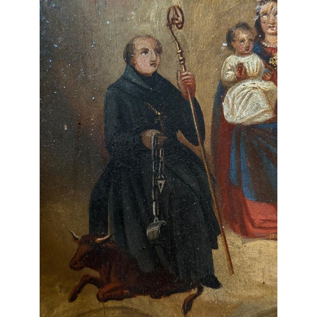 An 1873 German Votivtafel prayer station — a religious folk painting on wood of Mary, baby Jesus in the stable with...