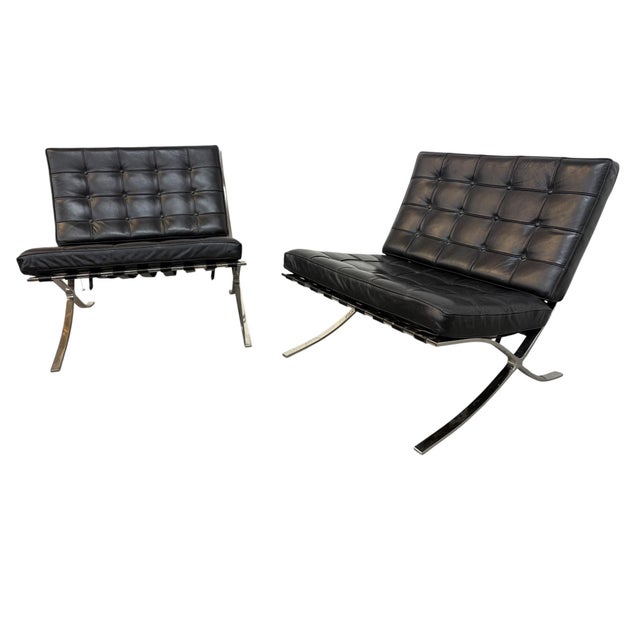 Mid-Century Modern Vintage Barcelona Chrome & Leather Lounge Chairs - Set of 2 For Sale - Image 3 of 9