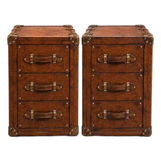 Luxury Leather Dark Brown Nightstand Pair, Handmade Vintage Trunk Bedside Tables, Leather Drawer Cabinet, Brass Studded Bedroom Storage For Sale