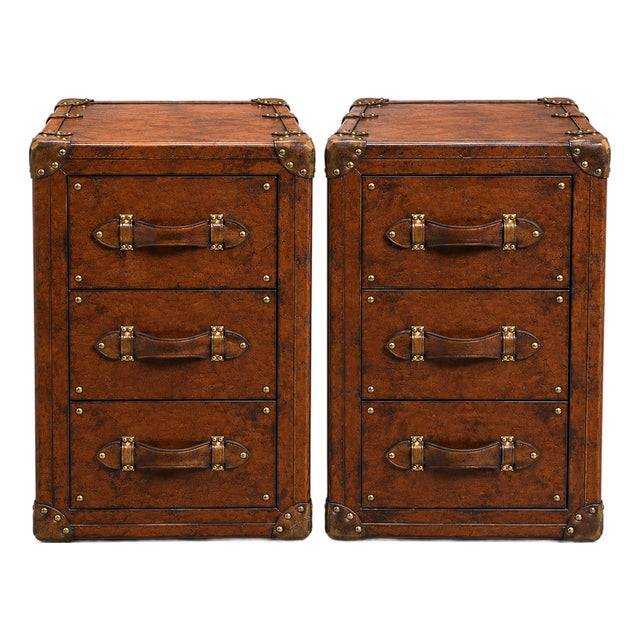 Luxury Leather Dark Brown Nightstand Pair, Handmade Vintage Trunk Bedside Tables, Leather Drawer Cabinet, Brass Studded Bedroom Storage For Sale