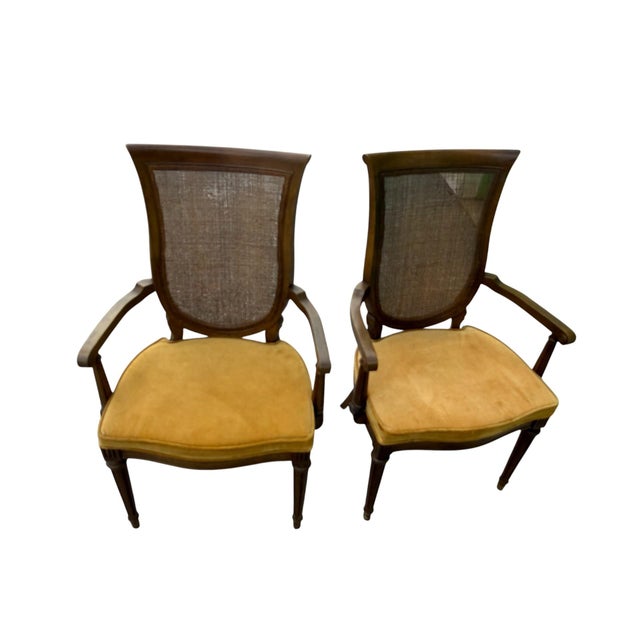Wood Pair of Vintage French Regency Cane Back Armchairs With Original Harvest Gold Upholstery For Sale - Image 7 of 7