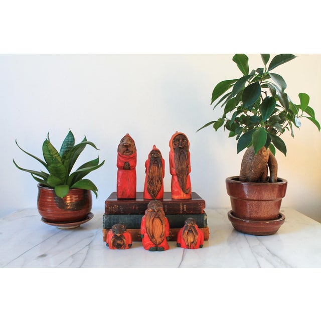 Set of six hand carved folk art figurines. No makers mark. Some light age wear.