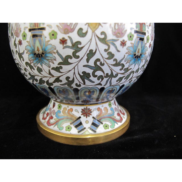 Metal Large Chinese White Enamel Cloisonne Colorful Flower Vase Pair For Sale - Image 7 of 14