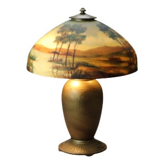 Arts & Crafts Jefferson Reverse Painted Table Lamp With Landscape Scene Circa 1920 For Sale