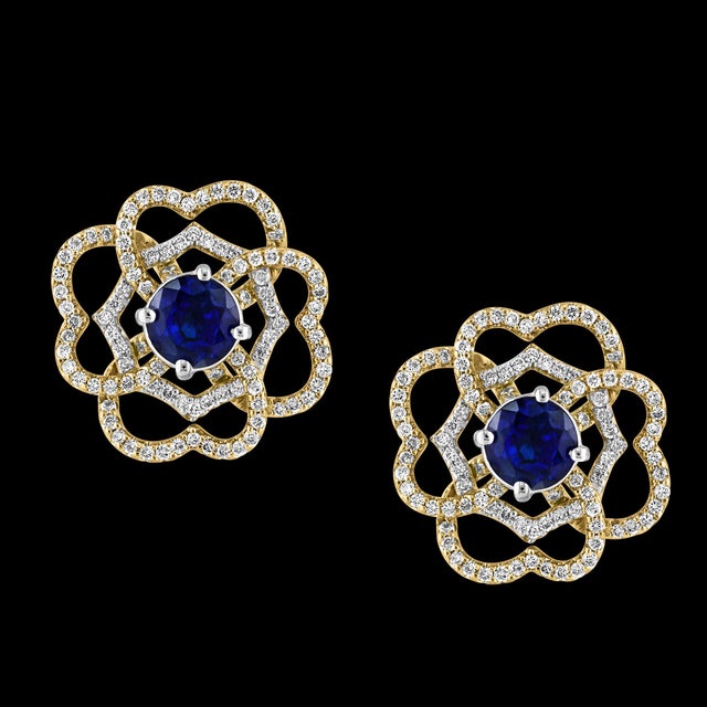 1 Carat Each Sapphire Diamond Flower/Cluster Earring 14 Karat Rose Gold For Sale - Image 12 of 18