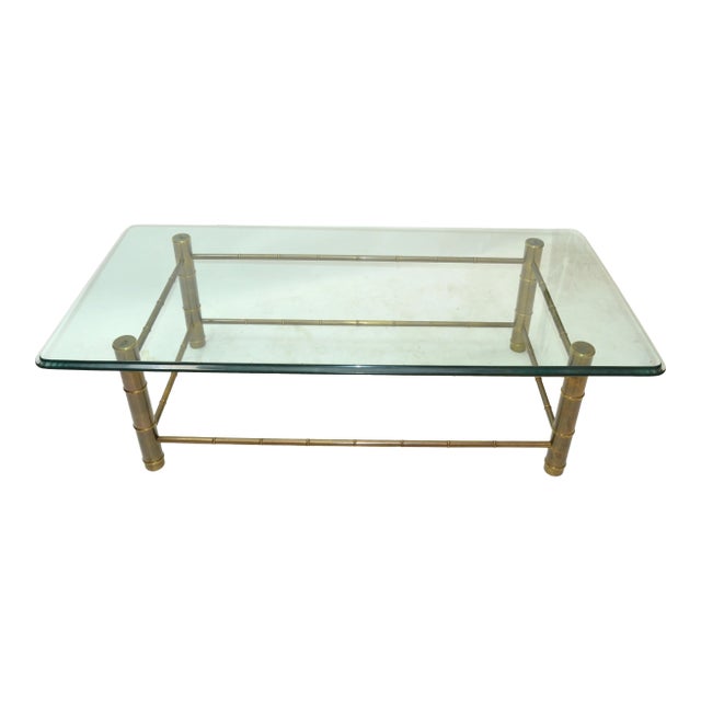 Mastercraft Faux Bamboo Brass & Tinted Beveled Rectangular Glass Coffee Table For Sale