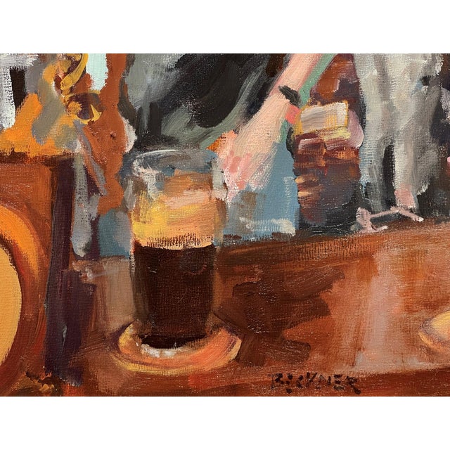 Slow Pour by Jim Beckner | Oil Painting of a busy bar scene with patrons and bartenders For Sale - Image 4 of 5