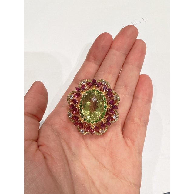Bochic “Orient” Green Amethyst & Multi Gem Cocktail Ring 18K Gold & Silver Natural Green Amethyst - 8 Carat Natural Rose...
