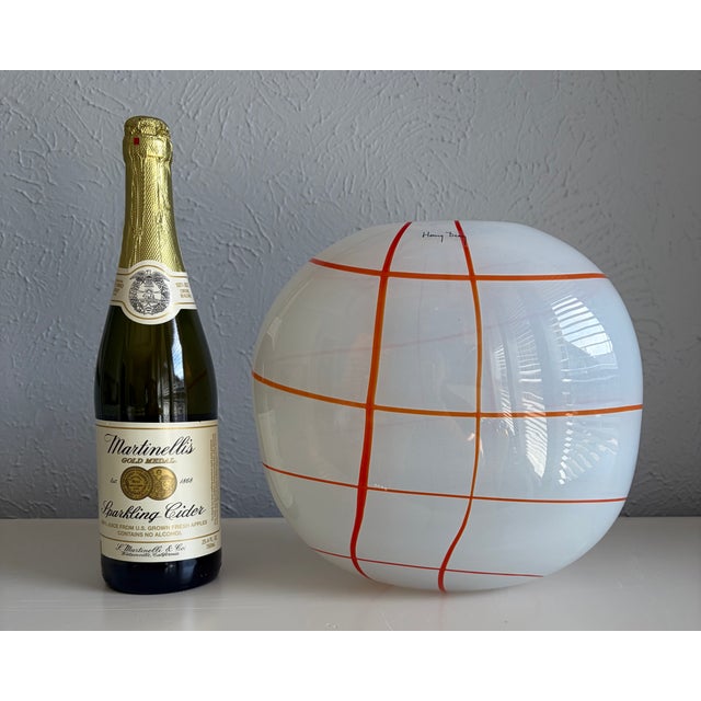 Henry Dean White Art Glass Vase With Orange-Red Grid | Chairish