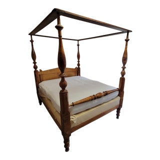 19th Century Antique Tiger Maple 4 Poster Canopy Bed For Sale