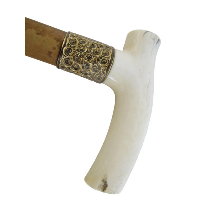 Victorian era gentleman's walking stick featuring an L-shaped natural bone handle with a gold plated repousse collar...