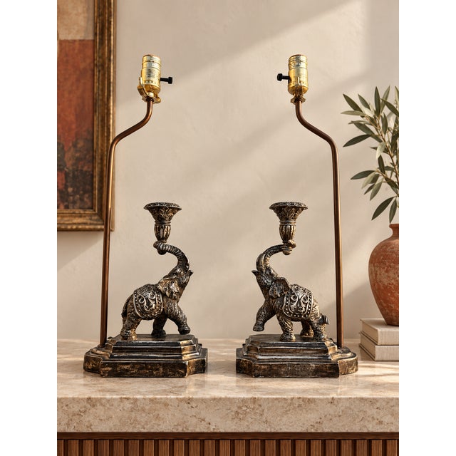 Bronze Hollywood Regency Ornate Elephant Sculptural Table Lamps - Pair For Sale - Image 8 of 9