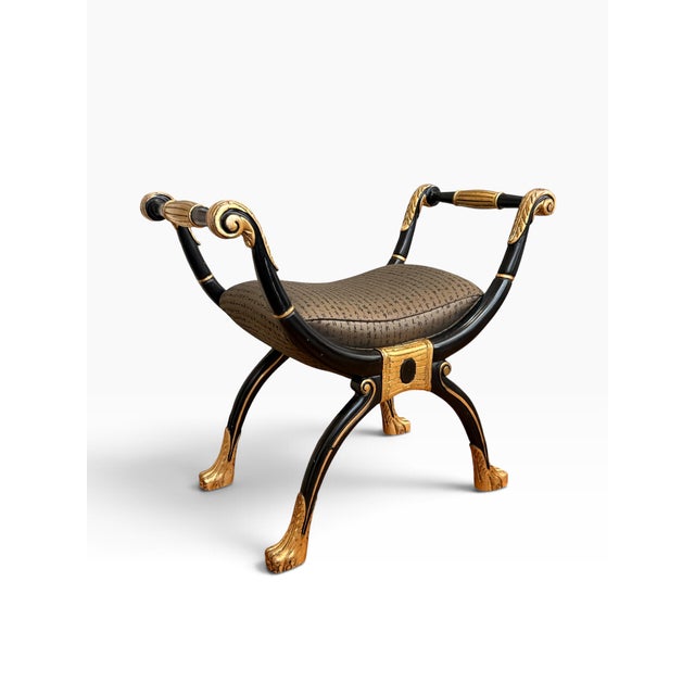 Hollywood Regency Vintage Maitland-Smith Neoclassical Black & Gilt Curule Bench With Asian Calligraphy Upholstery For Sale - Image 3 of 14
