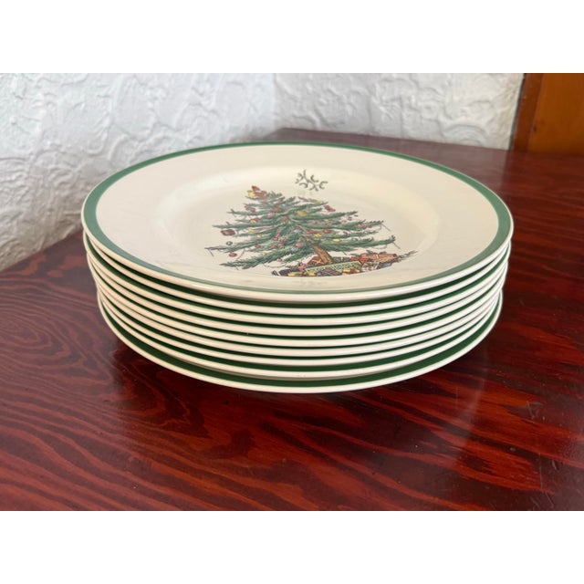 English Vintage Spode Christmas Tree Dinner Plates, Set of 9 For Sale - Image 3 of 9