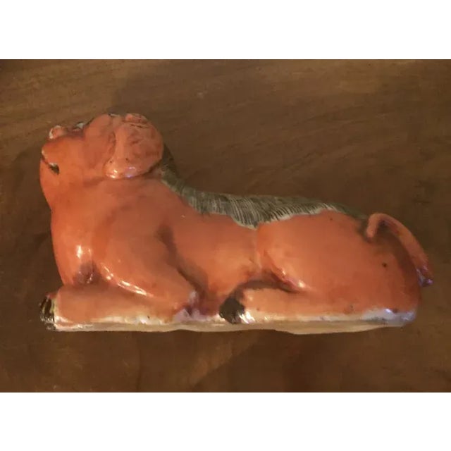 Chinese Large Antique 18th Century Chinese Export Porcelain Foo Dog in Bright Coral Red Glaze For Sale - Image 3 of 13