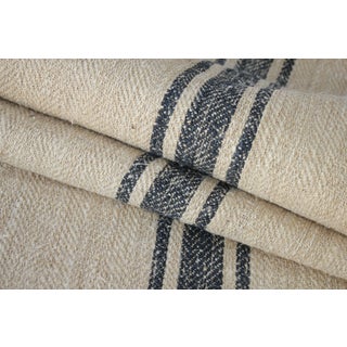 Stair Runner Heavy Hemp Grain Sack Fabric By The Yard Dark Blue Stripes Herringbone Weave Antique Homespun Linen For Sale