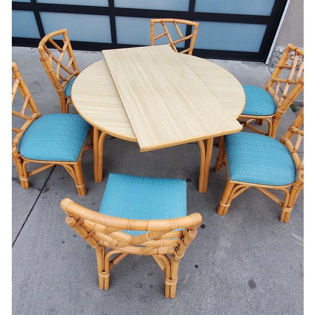 Mid-Century Modern 1960s Round Rattan Dining Table With 6 Rattan Dining Chairs and 1 Wide Leaf - Set of 8 For Sale - Image 3 of 12
