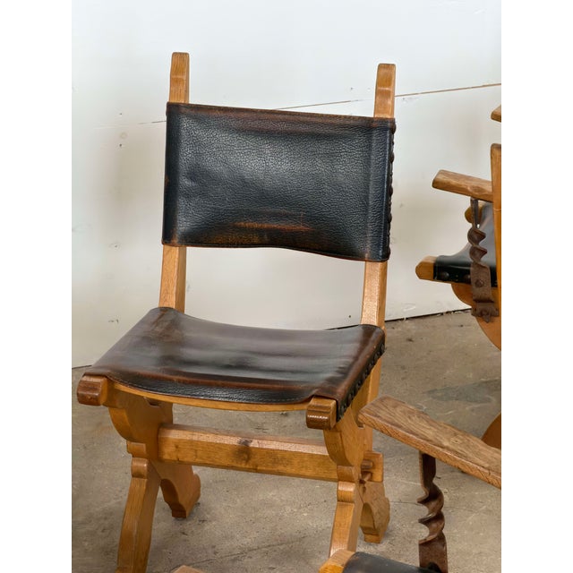 Brutalist Dutch Oak and Leather X-Frame Chairs by Bram Sprij, 1960s, Set of 6 For Sale - Image 9 of 16