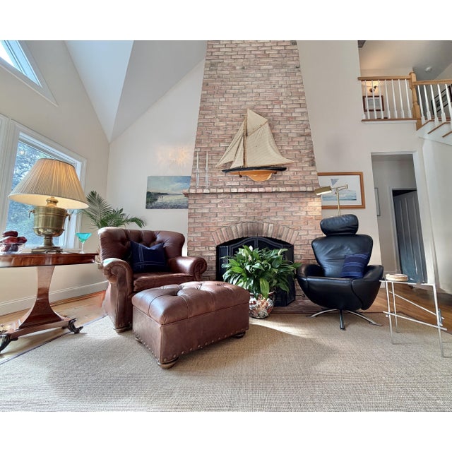 Metal Cigar Leather Restoration Hardware Chair & Coordinating Ottoman, a Pair For Sale - Image 7 of 18