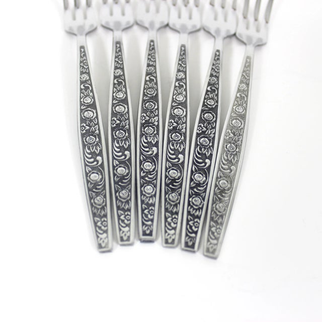 Mid-Century Modern Vintage Stainless Cocktail Forks- Set of 6 Antigua Pattern For Sale - Image 3 of 7
