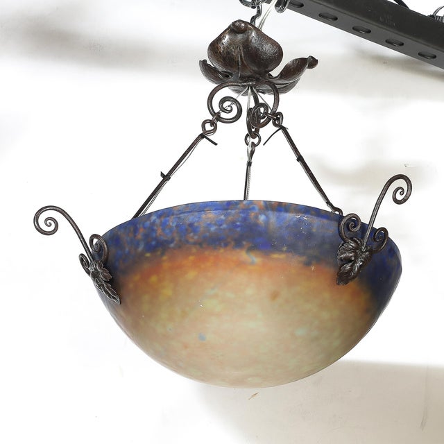 Art Deco Pâte De Verre Blue & Smoked Honey Glass Chandelier W/ Leaf Form Fitting For Sale - Image 17 of 18