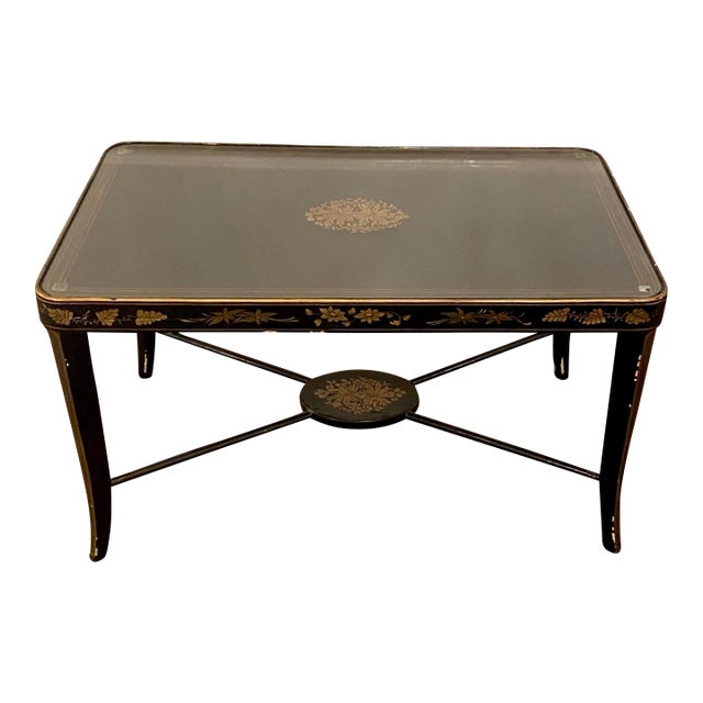 Antique Regency Style Black Lacquered Coffee Table With Glass For Sale