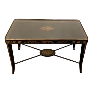 Antique Regency Style Black Lacquered Coffee Table With Glass