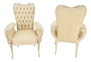 Pair Rococò Louis XVI Style Tufted Pierce Carved Backs Off White Fireside Chairs