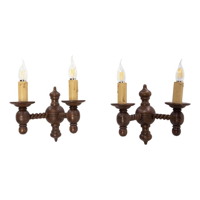 Spanish Style Double Wall Sconces in Turned Beech, France, 1940s, Set of 2 For Sale
