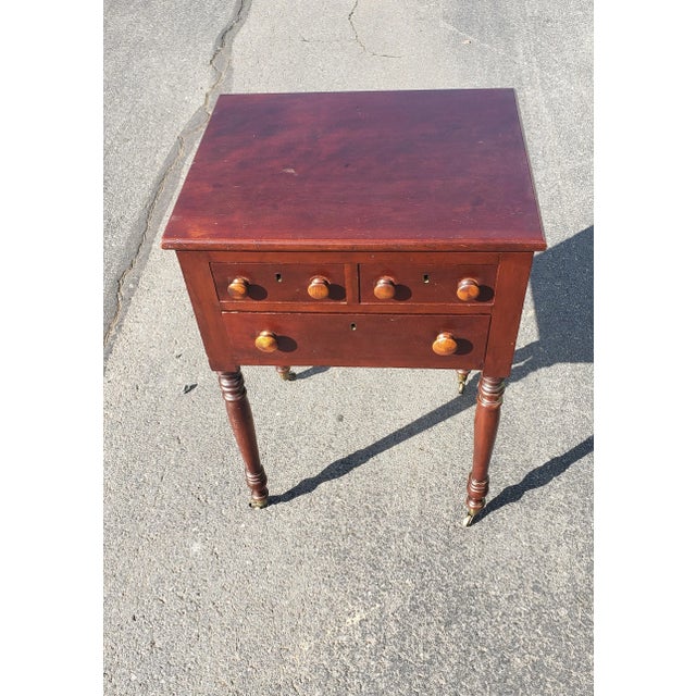 Brown 19th Century 3-Drawer Turned Legs Mahogany Work Table on Wheels For Sale - Image 8 of 11
