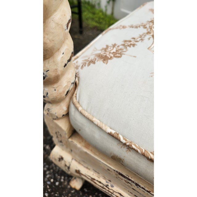 Vintage French Country Distressed Cream Painted Carved Wood Settee With Custom Toile Cushion For Sale - Image 13 of 15