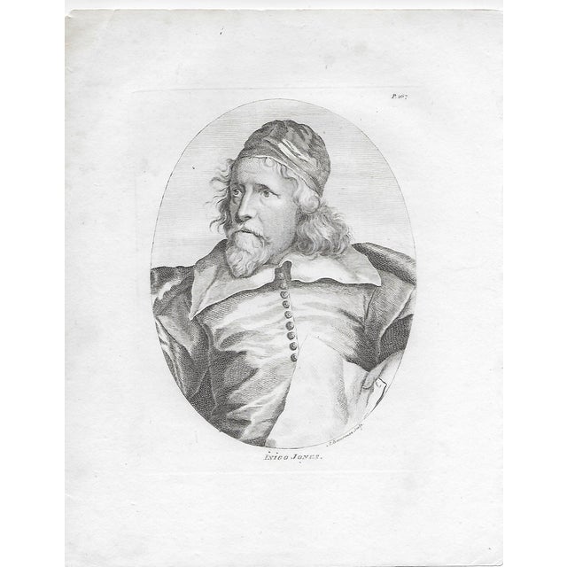 18th century engraving portrait of the important British architect Inigo Jones (1573-1652). This is engraved from a 1636...