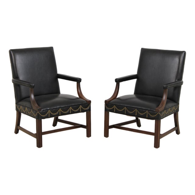 Pair of Hickory Chair Co Leather Mahogany Armchairs For Sale