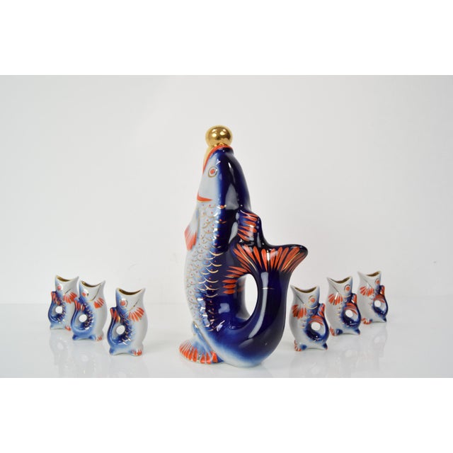 Soviet Fish Decanter and Porcelain Shots Glass, 1950s, Set of 7 For Sale - Image 9 of 12