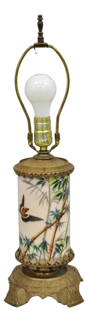 Art Nouveau Converted Oil Lamp Glass Cylinder Bird Painted Bronze Table Lamp