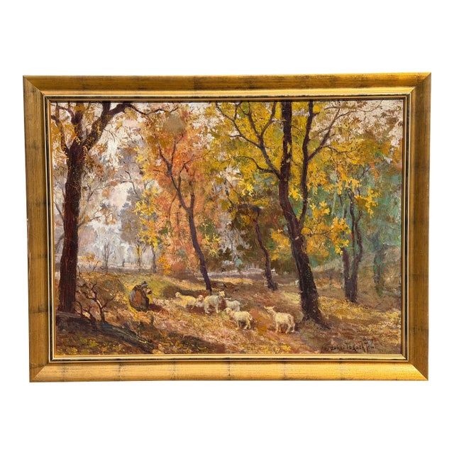 Antique Jeno Dukai Takach Hungarian Oil Painting of Sheep in a Landscape For Sale