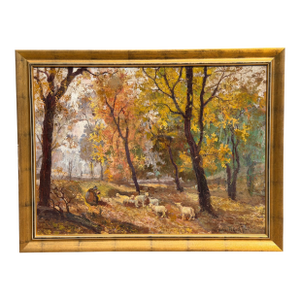 Antique Jeno Dukai Takach Hungarian Oil Painting of Sheep in a Landscape