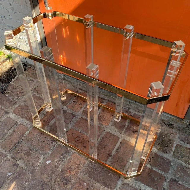Brass Vintage 1970s Postmodern Lucite and Brass Glass Top Dining Table For Sale - Image 8 of 13