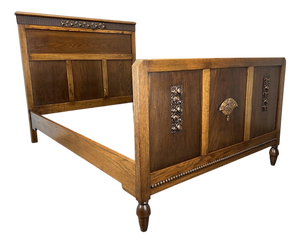 Vintage French Style Oak Double Bed Frame with Carved Headboard