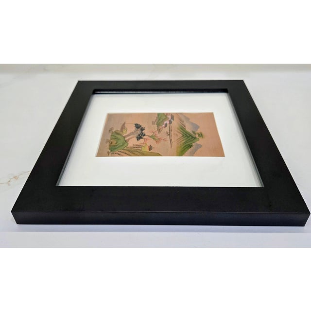 Paint Mid 20th Century Chinese Silk Watercolor Mountain Landscape With Houses and Trees For Sale - Image 7 of 8