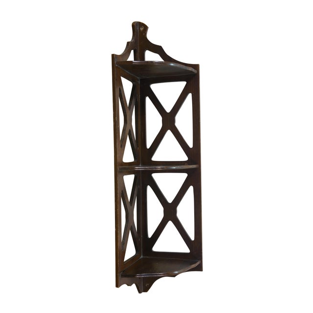 Traditional Mid Century Mahogany Reticulated Fretwork 3 Tier Corner Curio Display Shelf 27" For Sale - Image 3 of 13
