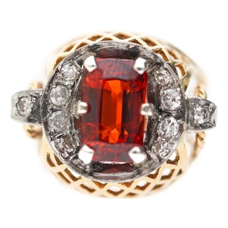 1960s 4.65 Carat Spessartine Garnet Diamond Lattice Wide Band 18k Two Tone Gold Ring, Size 4.5 For Sale