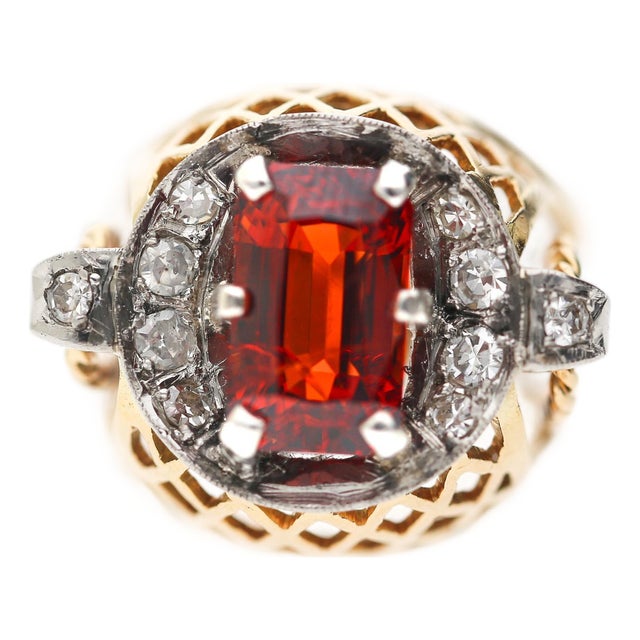 1960s 4.65 Carat Spessartine Garnet Diamond Lattice Wide Band 18k Two Tone Gold Ring, Size 4.5 For Sale