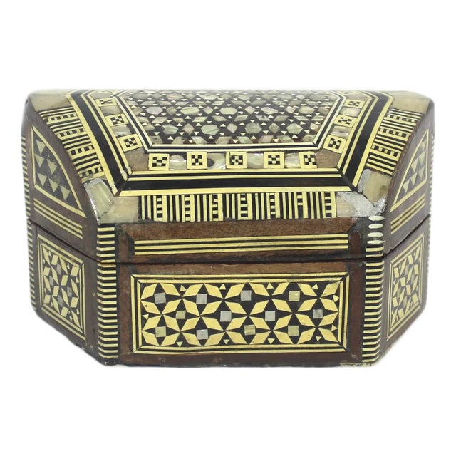 Vintage Moorish Inlaid Wood Box With Mother of Pearl Shell and Bone Inlay For Sale