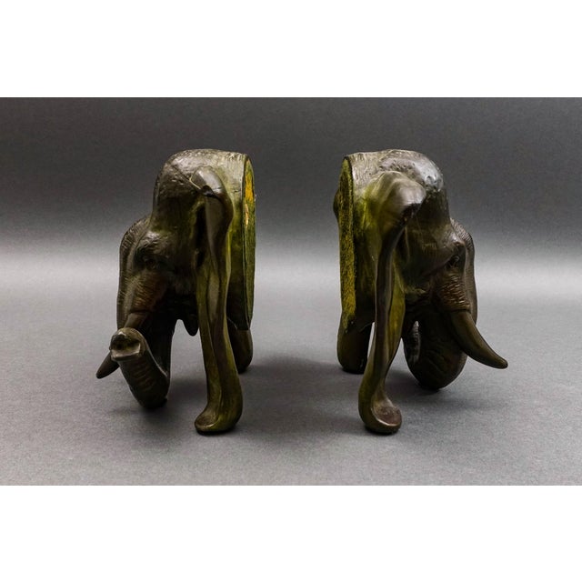 JF Co. Company Antique Pair Of Bronze Elephant Sculpture Bookends Measures approximately 8 3/4" long, 6" wide, 3 7/8" high.