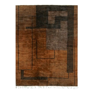 Rug & Kilim’s Moroccan Rug in Brown With Black Art Deco Style Geometric Pattern For Sale